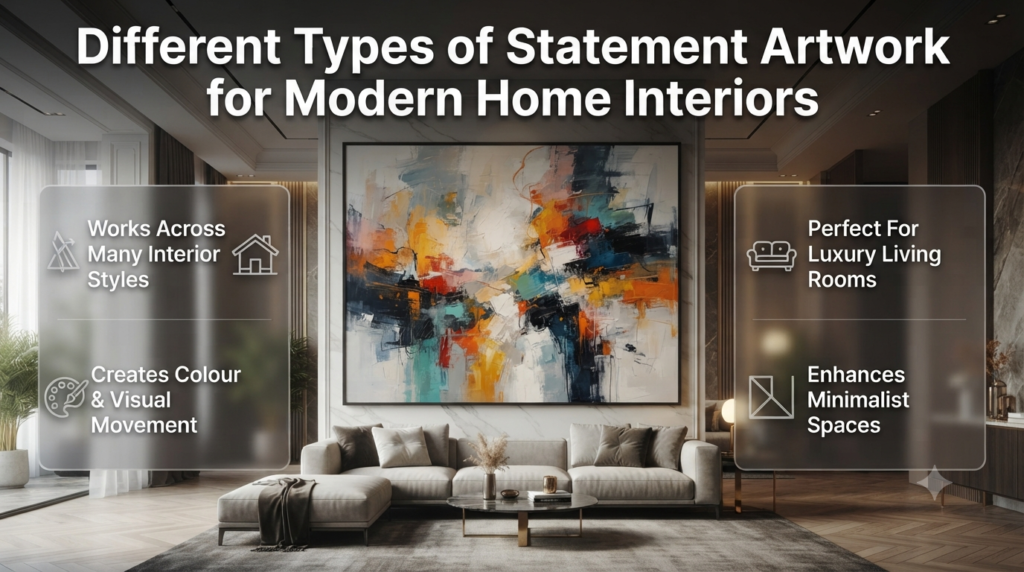 Different types of statement artwork including oversized abstract art displayed in modern luxury interiors with stylish décor and design elements.