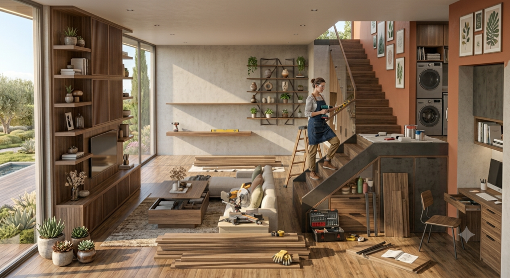 DIY home improvement projects featuring painting walls, installing shelves, woodworking, home repairs, and budget-friendly home renovation ideas.