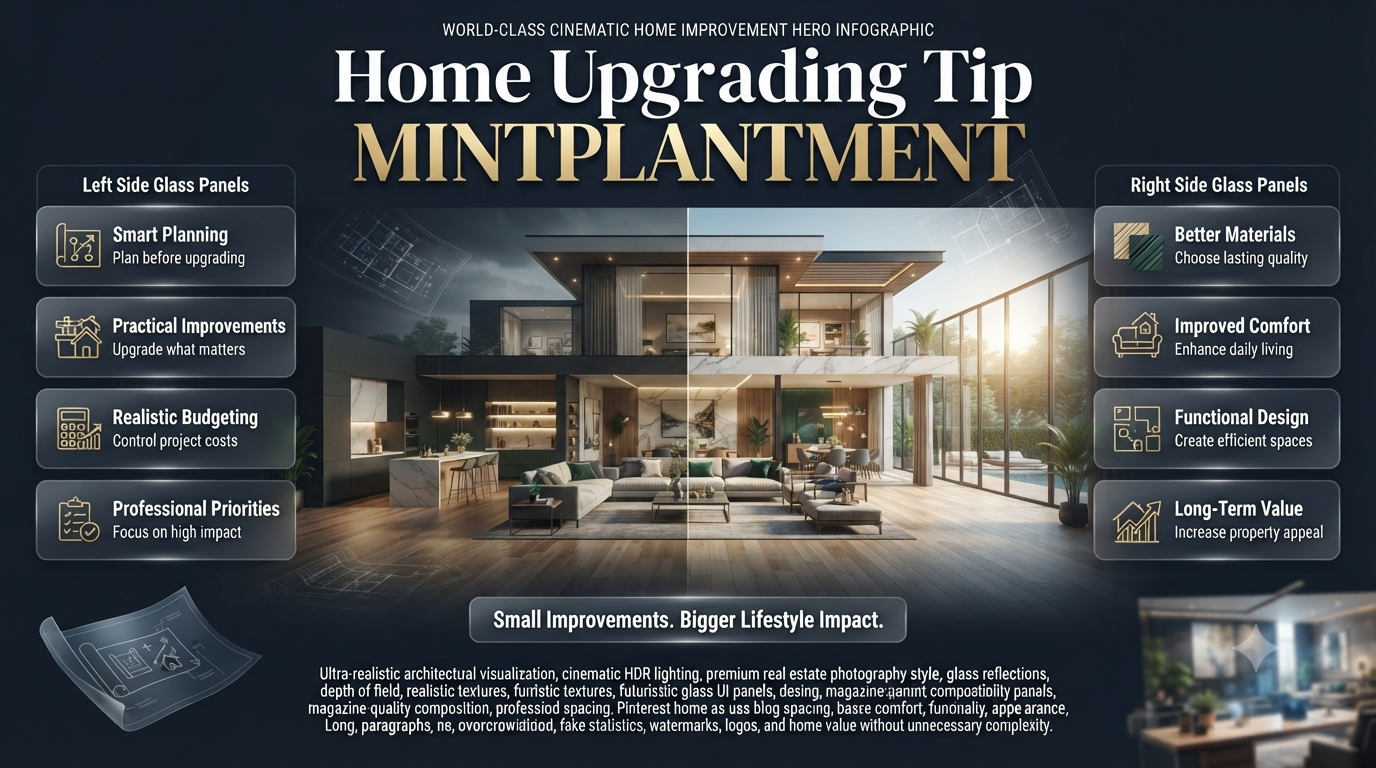 Home Upgrading Tip Mintplantment guide infographic showing smart home improvements, planning, budgeting, design, and value upgrades.