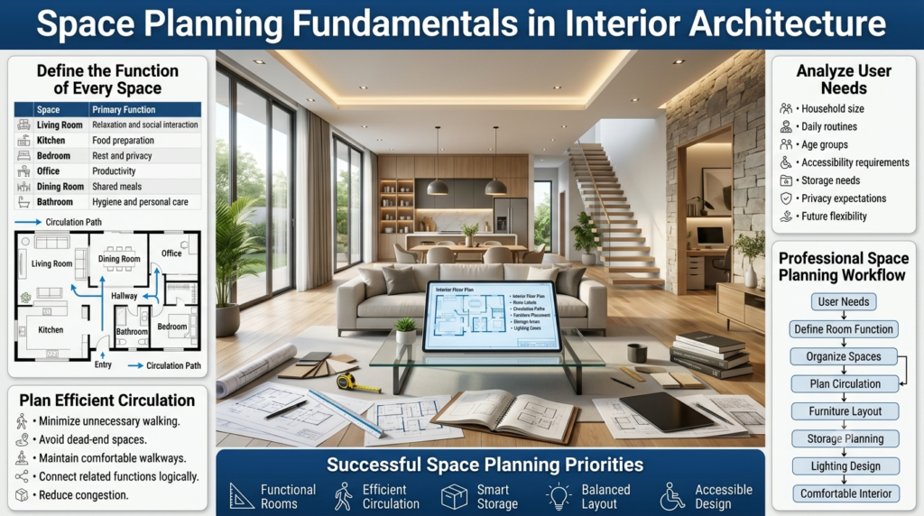 A luxury interior architecture infographic showing space planning fundamentals, room functions, user needs, circulation paths, and professional floor plan organization with blueprint diagrams.