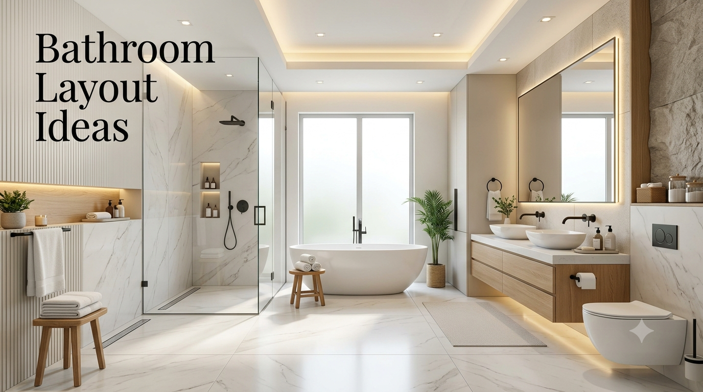A modern luxury bathroom featuring a smart layout with a floating double vanity, walk-in glass shower, freestanding bathtub, premium finishes, and spacious design.Modern Bathroom Layout Ideas – Luxury Bathroom Design and Space Planning Inspiration
