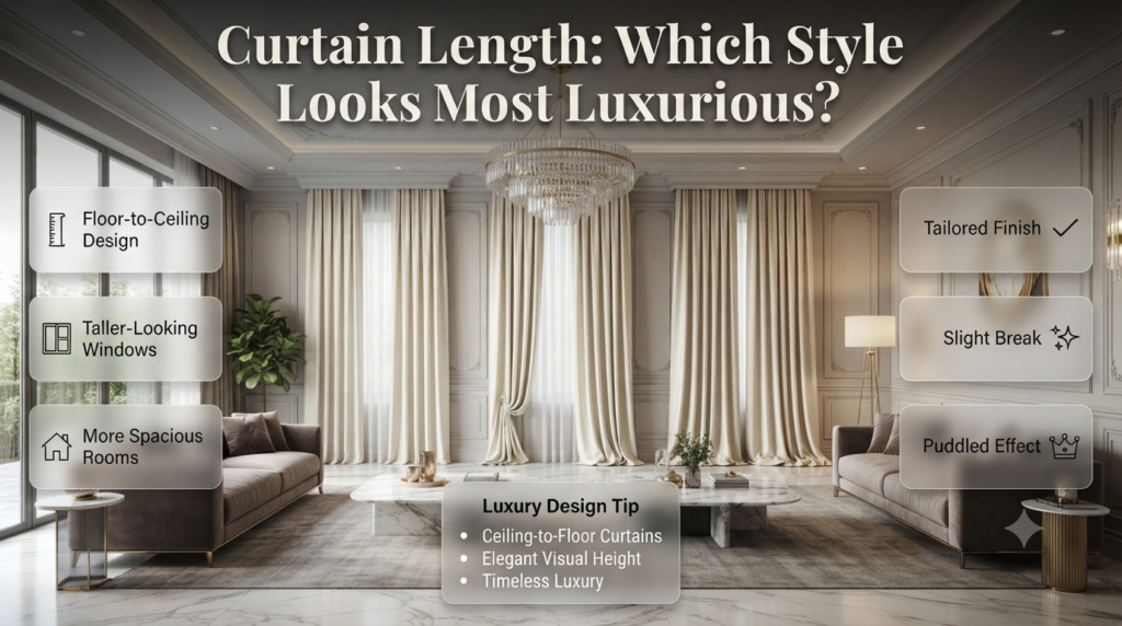 Luxury floor-length curtains demonstrating tailored, slight break, and puddled styles in an elegant modern living room with high ceilings.