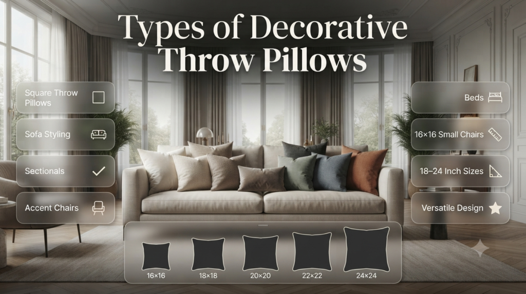 Infographic showing square decorative throw pillows in different sizes for sofas, sectionals, accent chairs, and beds with modern interior styling.
