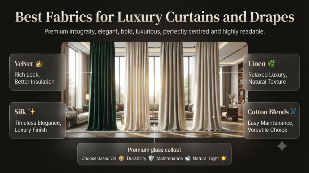 Premium luxury curtain fabrics including velvet, silk, linen, and cotton blends displayed in an elegant modern interior, highlighting style, durability, and light control.