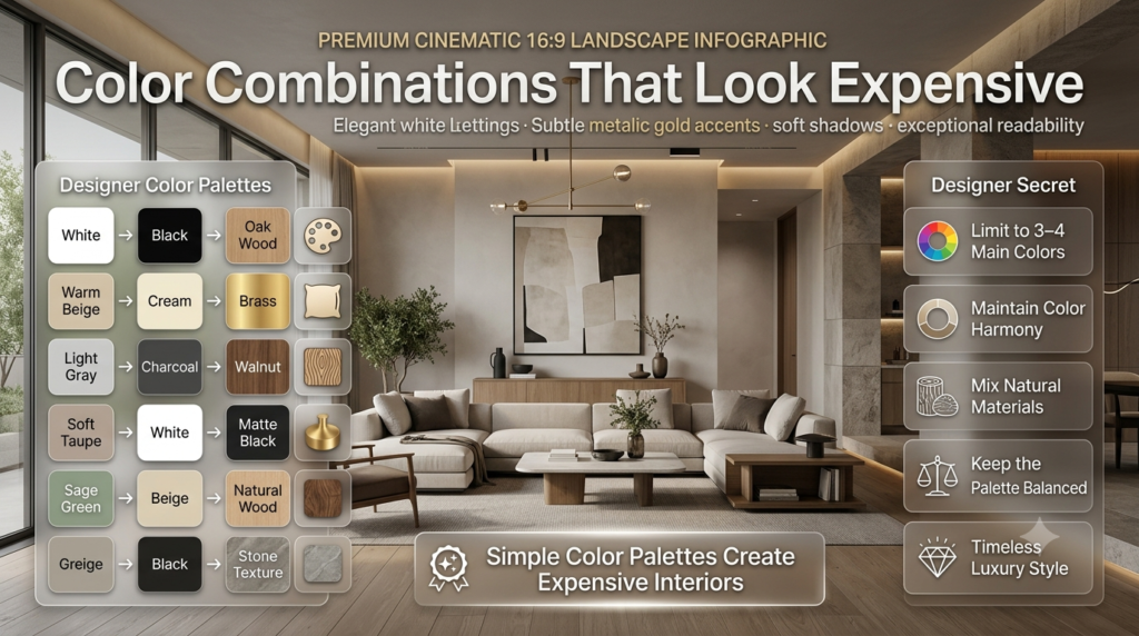 Modern luxury interior displaying elegant color palettes with premium infographic callouts featuring designer color combinations and sophisticated material pairings.