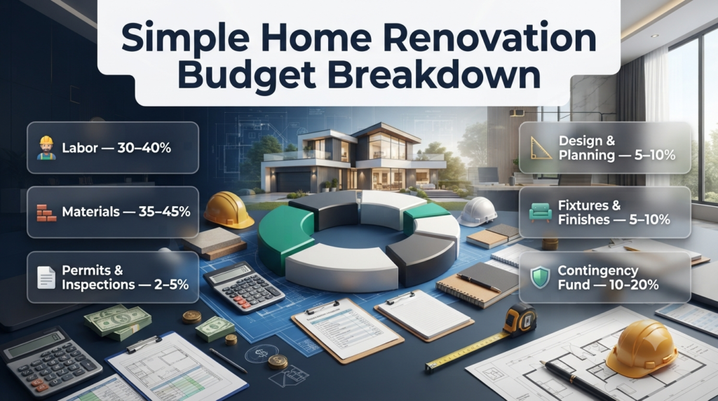 Infographic showing a simple home renovation budget breakdown with labor, materials, permits, design, fixtures, and contingency fund percentages.