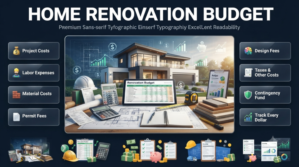 Professional home renovation budget infographic showing project costs, labor, materials, permits, contingency fund, and expense planning with financial tools.