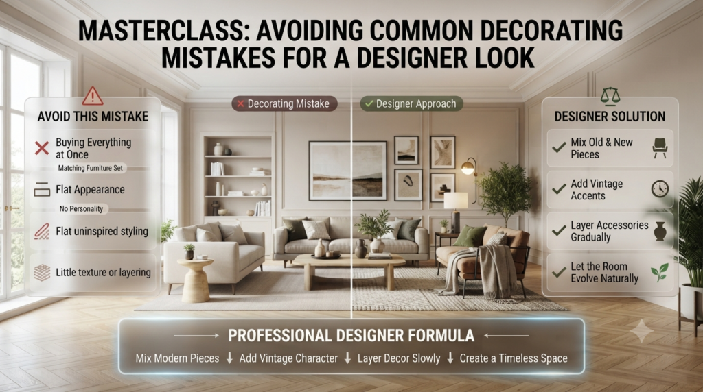 Designer-inspired living room comparing an overcrowded furniture set with a balanced mix of vintage, modern, and layered decor for a stylish home.