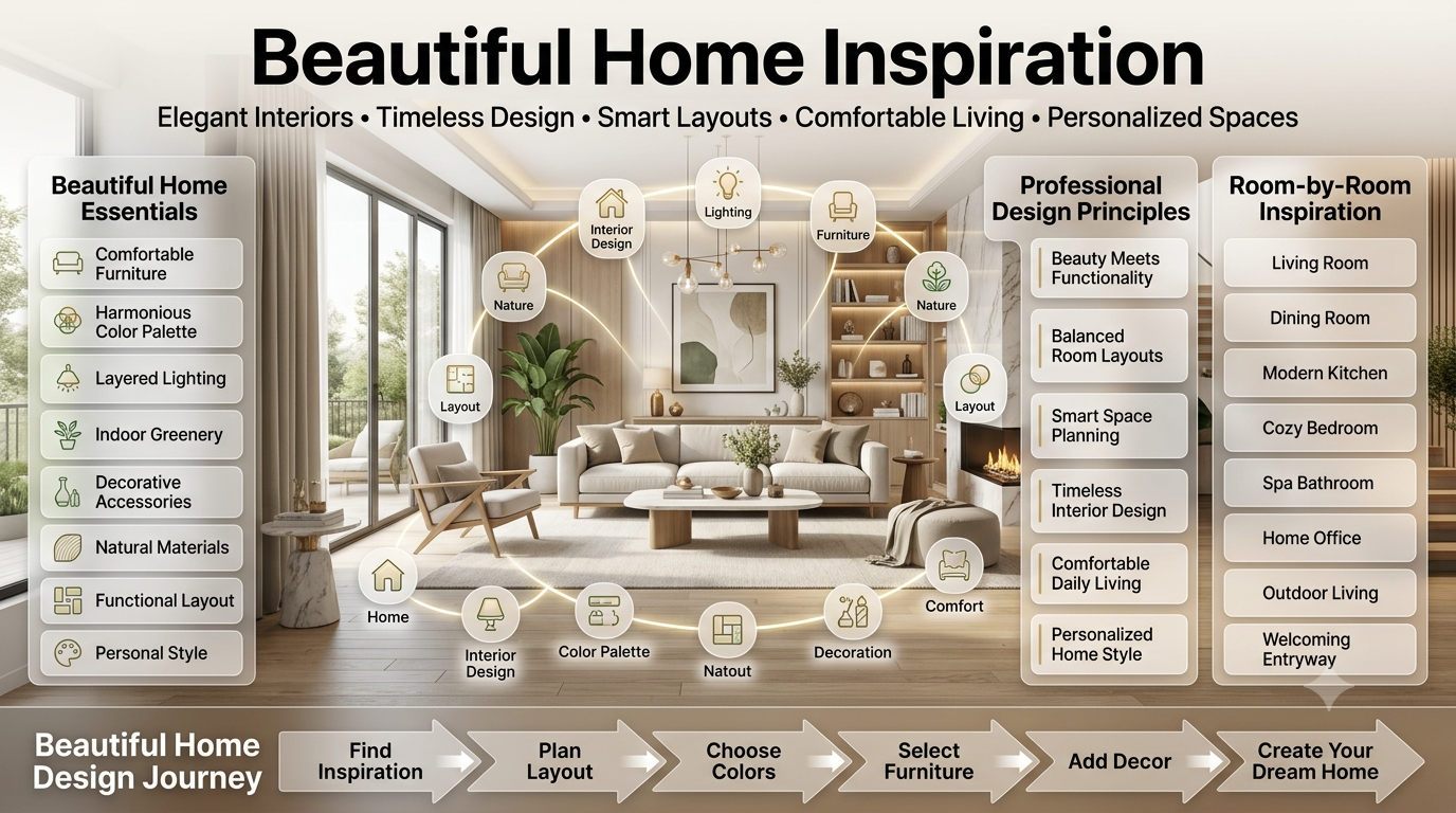 Luxury modern home inspiration infographic featuring elegant living room, designer furniture, layered lighting, stylish décor, natural materials, and room-by-room interior design ideas.Beautiful Home Inspiration: Elegant Interior Design Ideas for Every Space