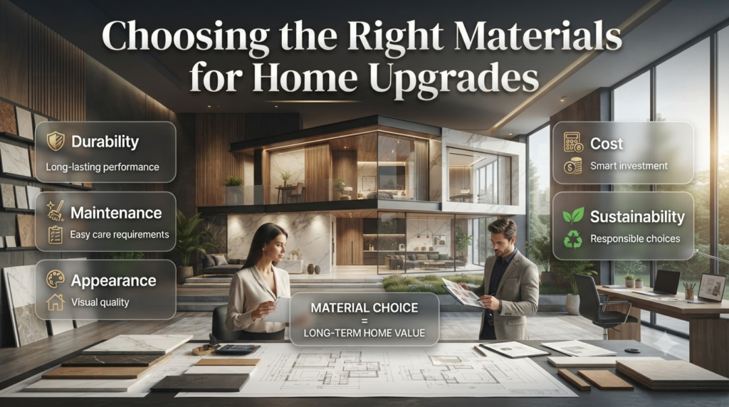 Home upgrade materials infographic showing durability, maintenance, appearance, cost, and sustainability factors.