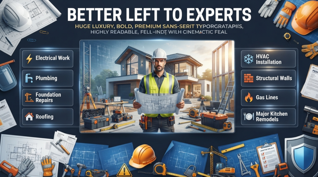 Infographic showing home renovation tasks that should be handled by professionals, including electrical work, plumbing, roofing, HVAC, foundation repairs, and gas lines.