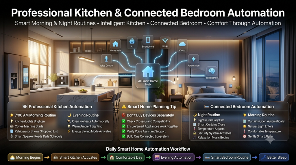 Luxury smart kitchen and connected bedroom automation infographic featuring AI-powered morning and night routines with smart lighting, coffee machine, refrigerator, climate control, automated curtains, smart speakers, and home automation workflows.