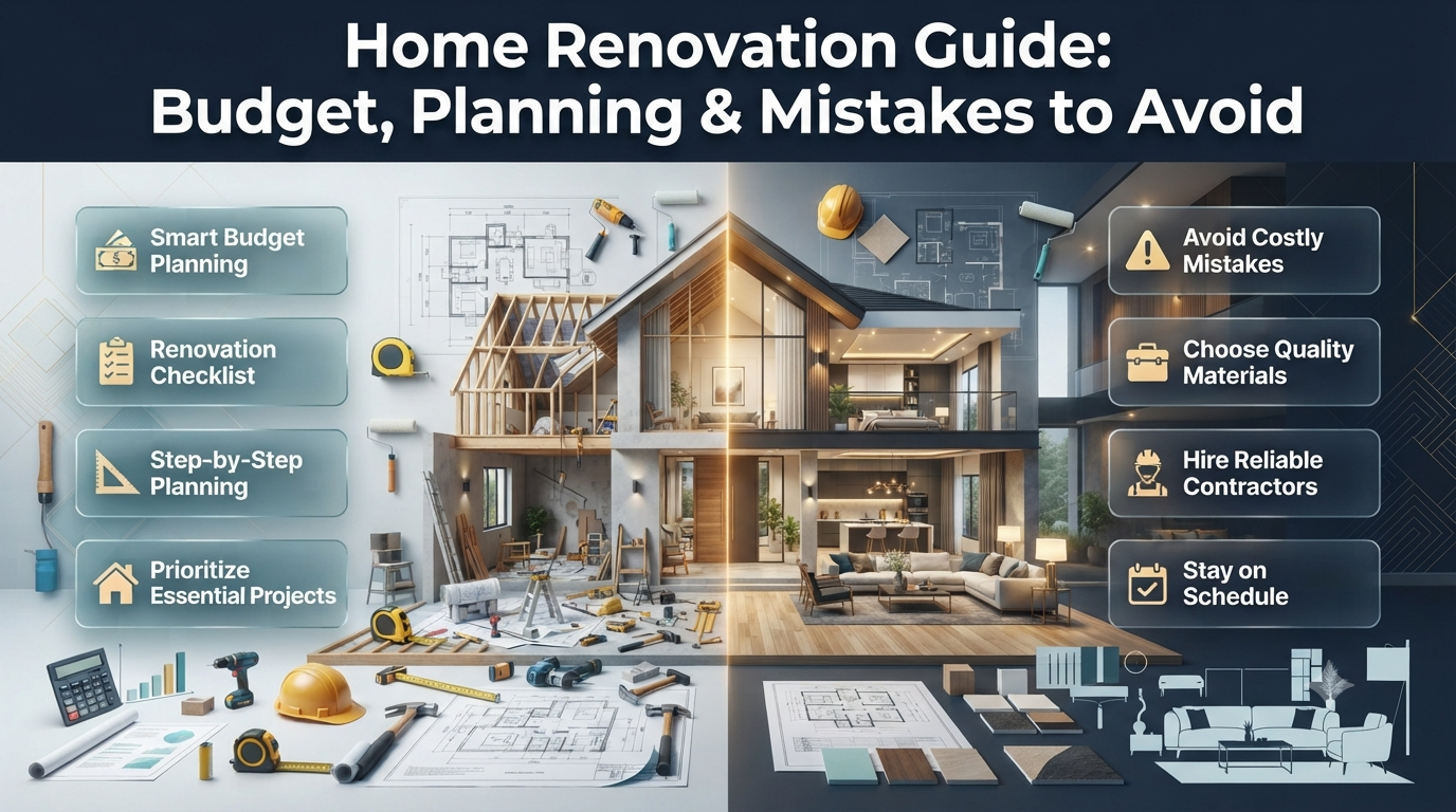 Modern home renovation infographic featuring budgeting, project planning, renovation checklist, and common mistakes with a stylish remodeled house interior.Home Renovation Guide