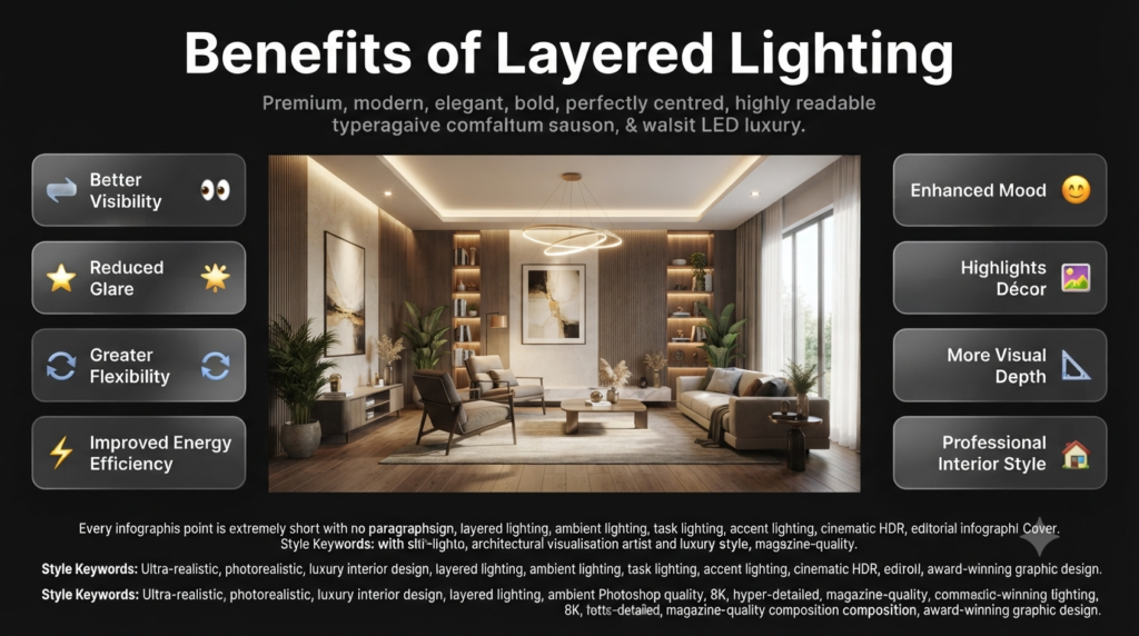 Modern living room showcasing layered lighting benefits with ambient, task, and accent lighting improving visibility, comfort, mood, and interior design.