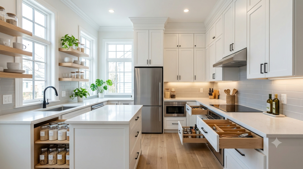 A modern small kitchen featuring smart storage, space-saving cabinets, bright lighting, and functional design ideas that showcase Kitchen Upgrading Tips Mintpalment for small kitchens.
