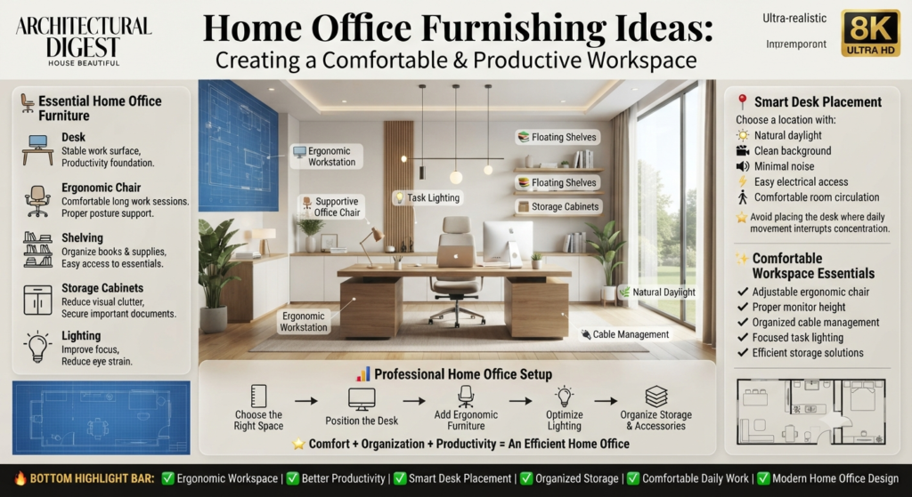 Luxury home office infographic showing ergonomic furniture, smart desk placement, workspace organization, lighting, storage solutions, and productivity-focused home office furnishing ideas.