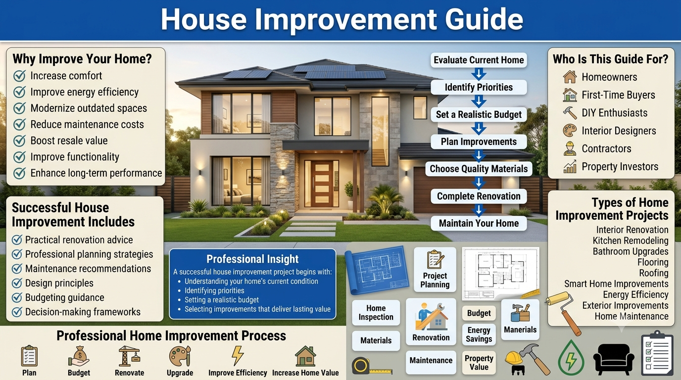 A premium home improvement infographic featuring a modern luxury house, renovation planning workflow, budgeting guidance, home improvement categories, and professional strategies for successful residential upgrades.House Improvement Guide – Professional Home Renovation & Planning Guide