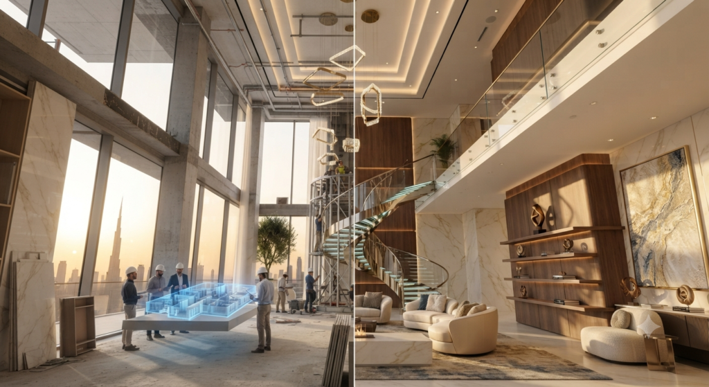 Interior Design vs Interior Decorating comparison showing space planning, furniture selection, color schemes, lighting, decor accessories, and modern home interiors.