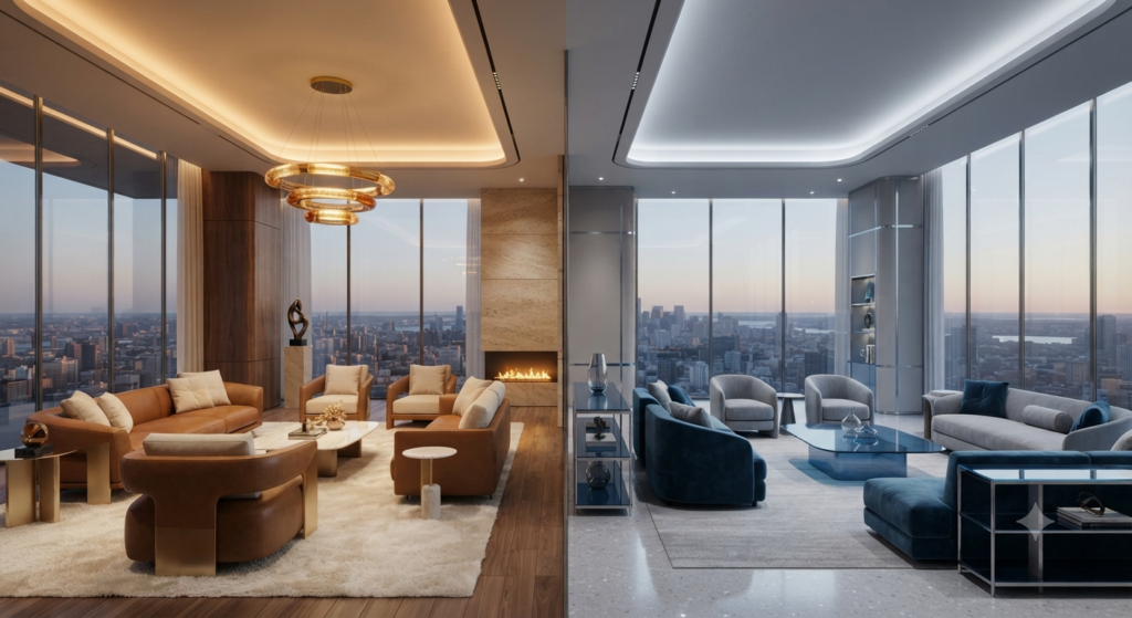 Warm vs. cool colors in interior design showing cozy warm tones, calming cool shades, balanced room palettes, and modern home decor styles.