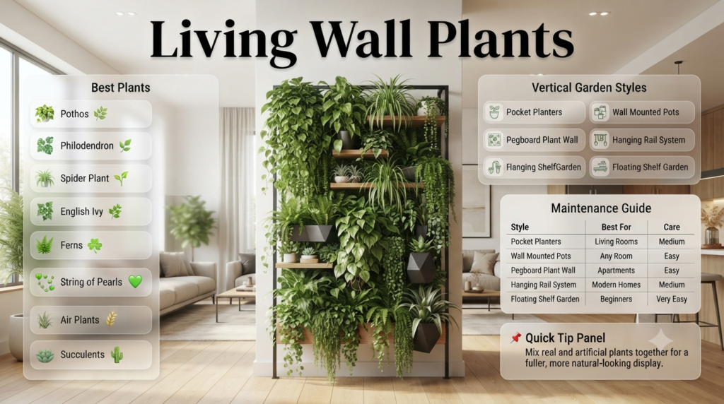 Modern living wall featuring lush vertical garden plants, pocket planters, hanging pots, and shelf displays that transform blank walls into vibrant focal points.