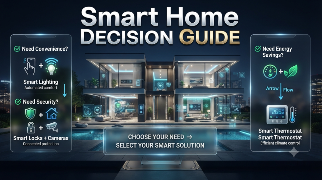 Smart home decision guide infographic showing smart lighting, security cameras, locks, and thermostats for modern homes.