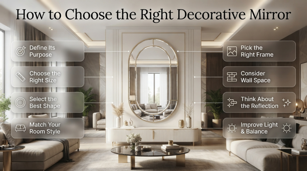 Modern decorative mirror selection guide showing mirror size, shape, frame material, room style, wall space, and reflection considerations in a stylish interior.