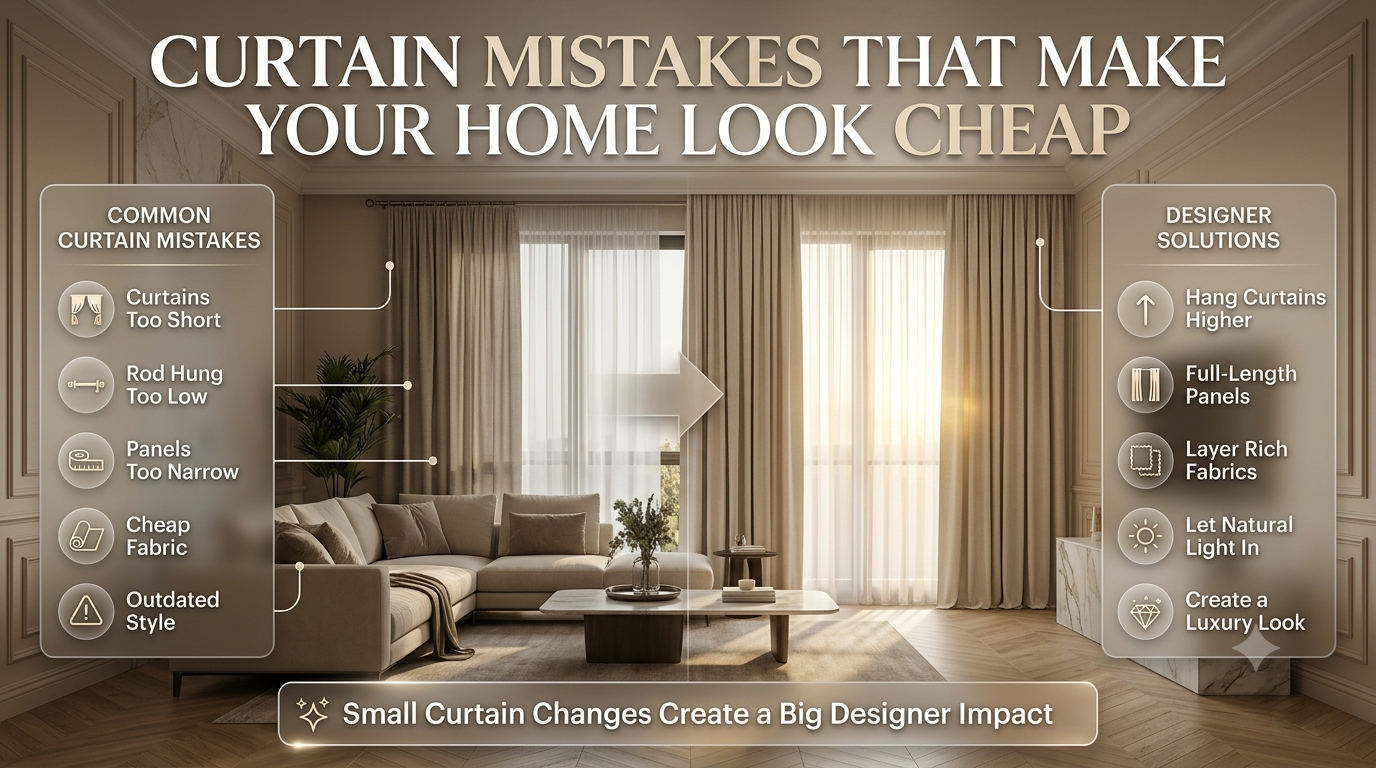 Modern living room comparing poor curtain styling with designer-inspired curtains, featuring infographic callouts on common curtain mistakes and professional decorating tips.