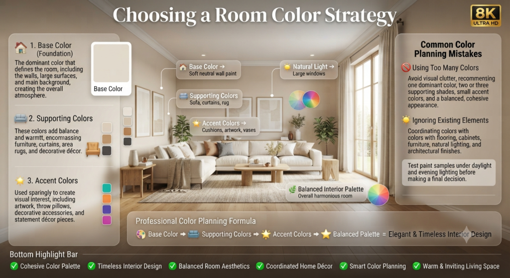 Luxury home interior infographic explaining professional room color strategy with base colors, supporting colors, accent colors, and common color planning mistakes for modern home improvement.