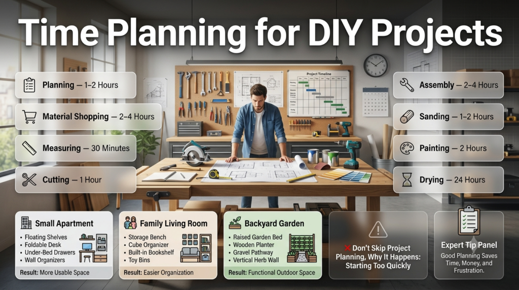DIY planning infographic showing project timeline, apartment, living room, backyard examples, and common beginner mistakes for home improvement projects.