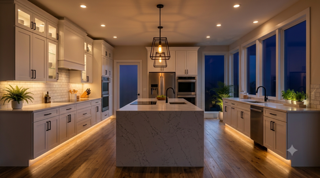 A modern kitchen featuring layered lighting with pendant lights, under-cabinet lighting, recessed ceiling lights, and natural daylight to demonstrate an effective kitchen lighting plan.