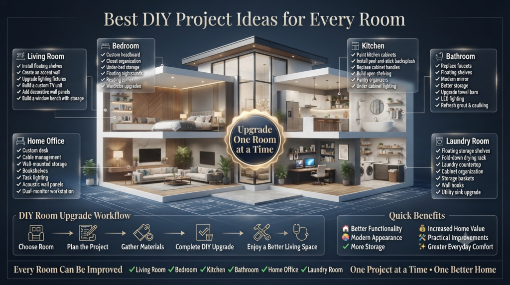 Luxury home improvement infographic showing the best DIY project ideas for every room, including the living room, bedroom, kitchen, bathroom, home office, and laundry room, with practical upgrade ideas and modern interior design inspiration.