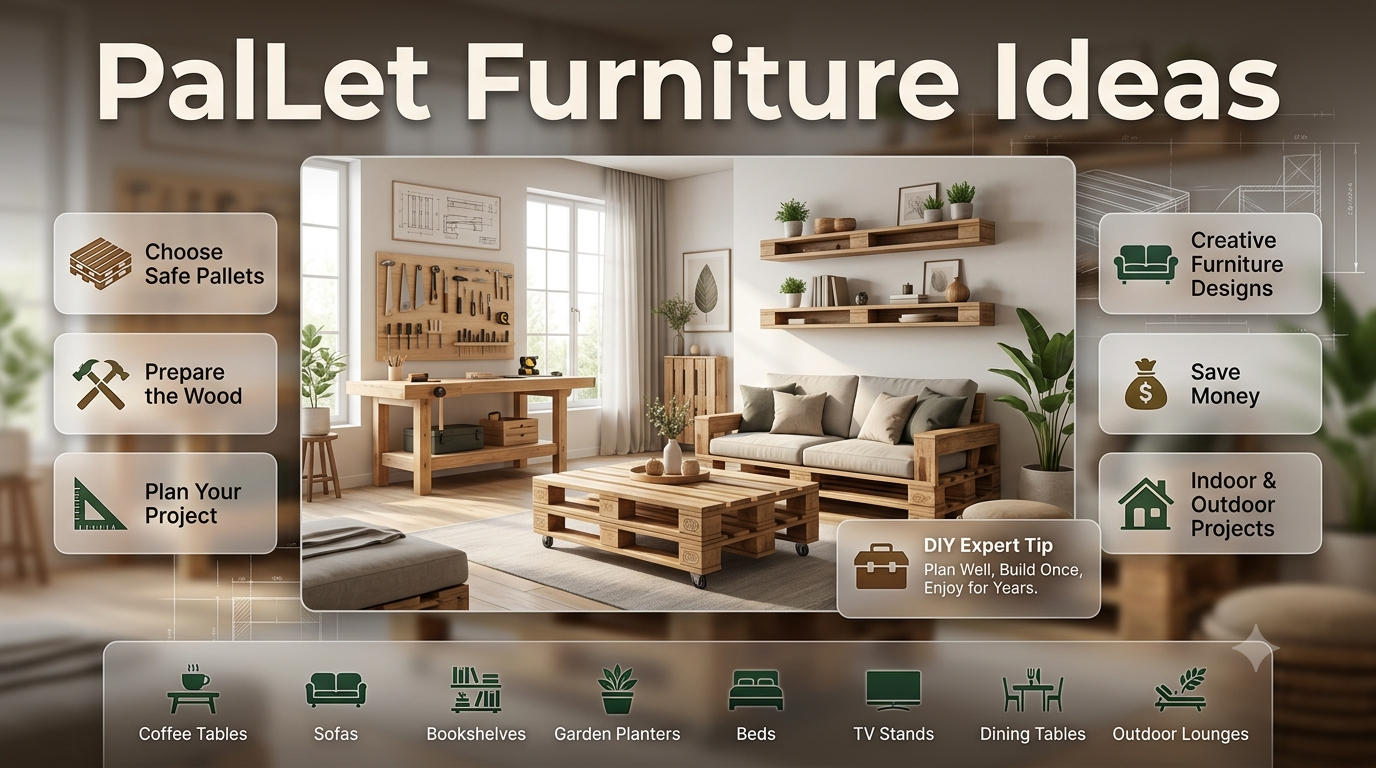 DIY pallet furniture infographic featuring a wooden pallet coffee table, sofa, shelves, garden furniture, and creative home improvement ideas in a modern living space.Pallet Furniture Ideas for Stylish DIY Home Makeovers