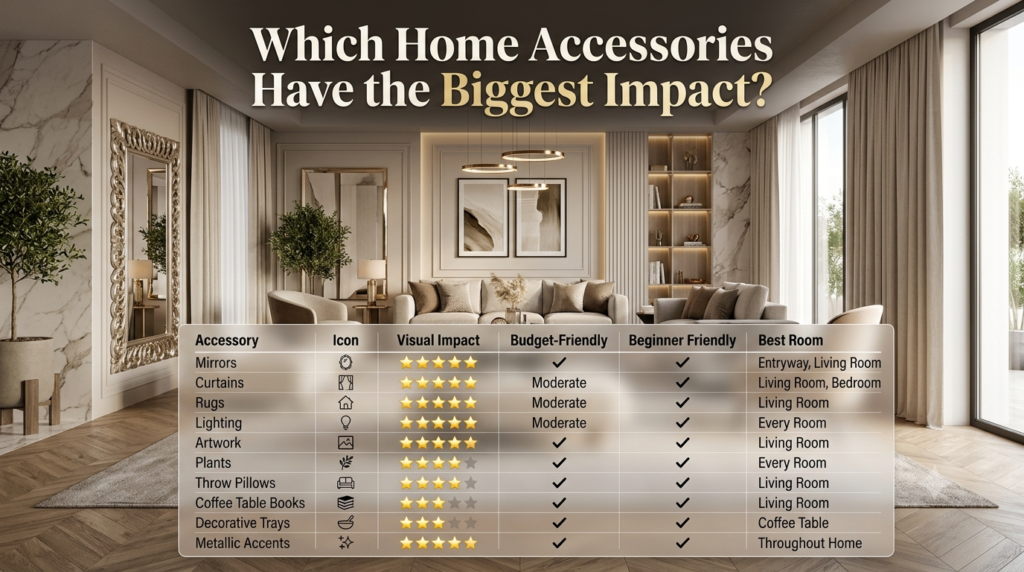 Comparison infographic showing the visual impact, budget friendliness, beginner suitability, and best room for popular luxury home accessories.