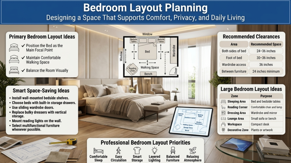 A luxury bedroom infographic showing bed placement, recommended walking clearances, smart storage ideas, functional bedroom zones, and professional furniture layout planning.