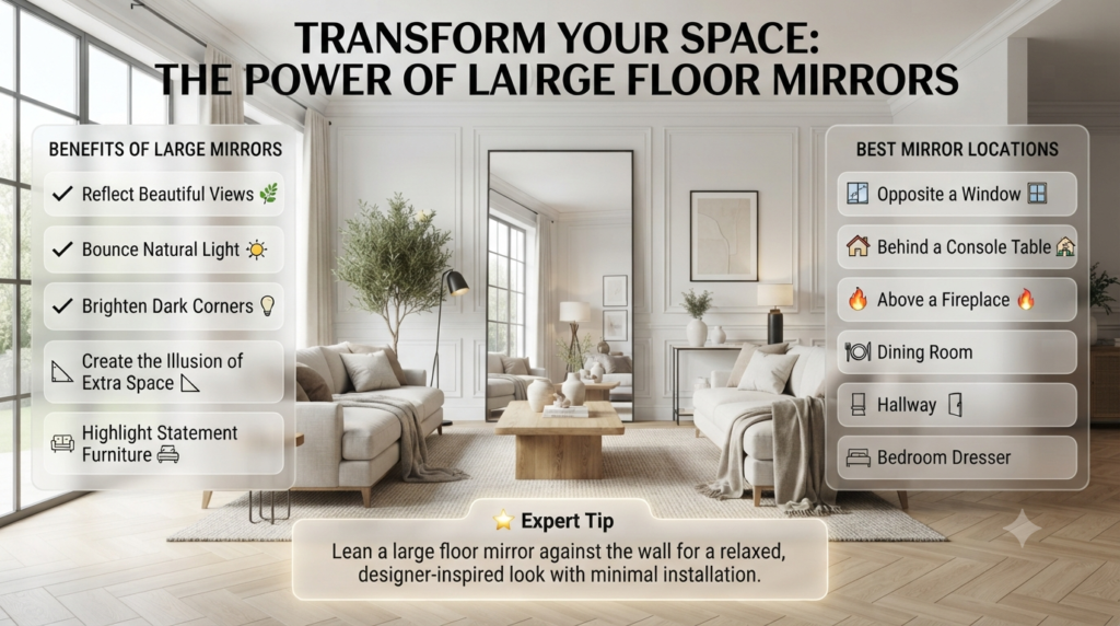 Elegant living room featuring a large floor mirror reflecting natural light to create a brighter, more spacious, designer-inspired interior with modern decor.