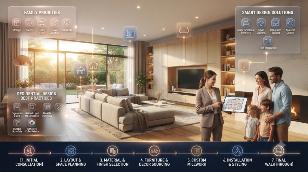 Premium infographic showing a real-life example of designing a small family home with an open floor plan, smart storage solutions, multifunctional furniture, built-in cabinets, and modern residential design ideas for maximizing space.