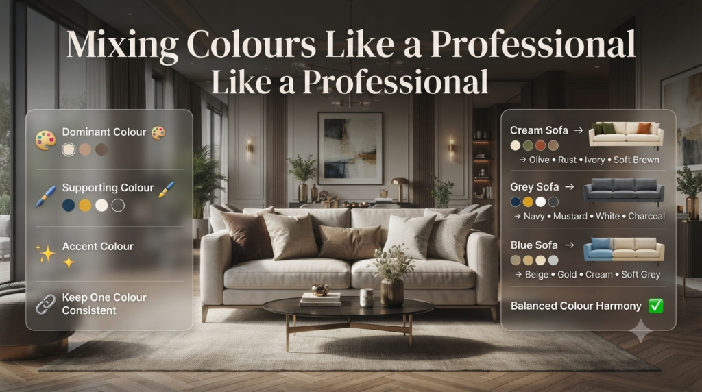 Infographic showing decorative throw pillow colour combinations for cream, grey, and blue sofas using balanced dominant, supporting, and accent colours.