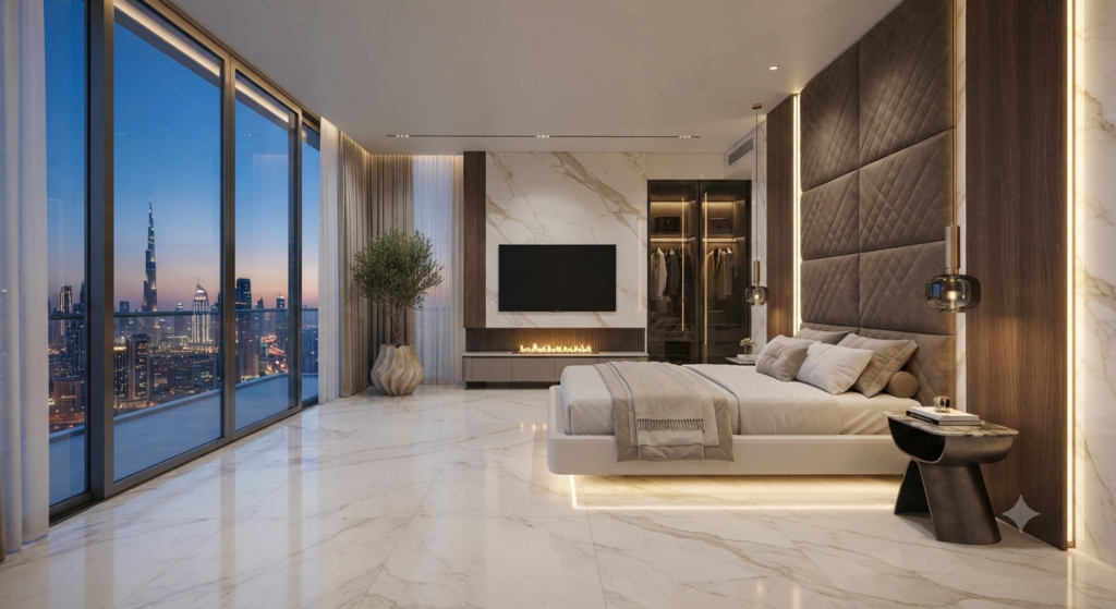 Bedroom decoration ideas featuring a modern bed, soft bedding, warm lighting, stylish furniture, decorative wall art, indoor plants, and cozy home decor.