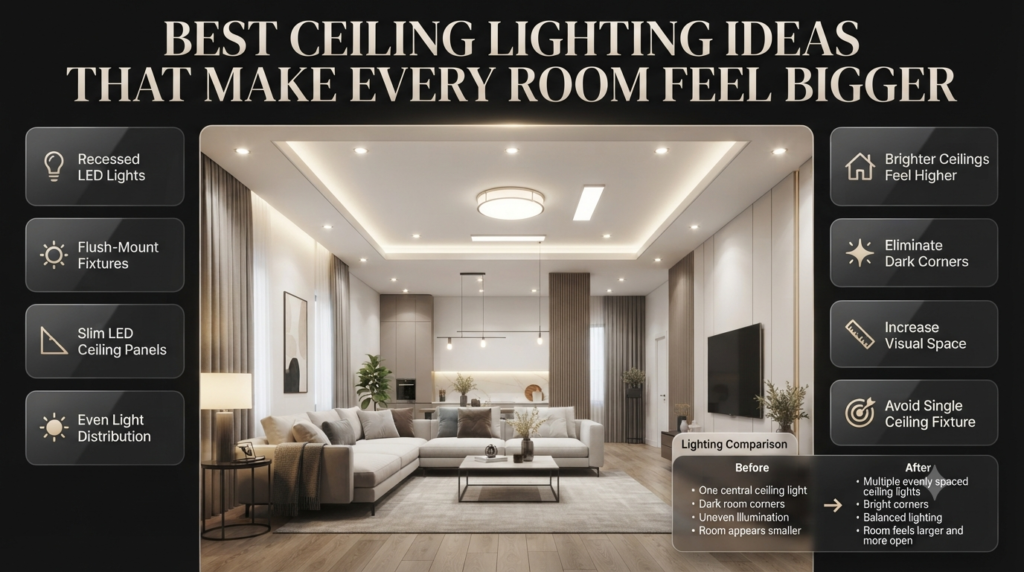Modern ceiling lighting with recessed lights, flush-mount fixtures, slim LED panels, and pendant lighting creating an evenly illuminated room that feels larger.