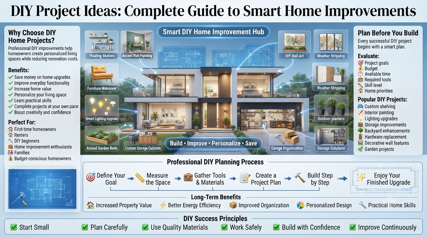 Luxury DIY home improvement infographic featuring a modern house with smart DIY renovation ideas, furniture upgrades, storage solutions, painting projects, lighting improvements, garden enhancements, and step-by-step home improvement planning.DIY Project Ideas: Complete Guide to Smart Home Improvements