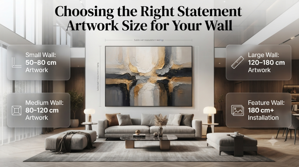 Choosing the right statement artwork size based on wall dimensions, furniture scale, and room proportions for balanced interior design.