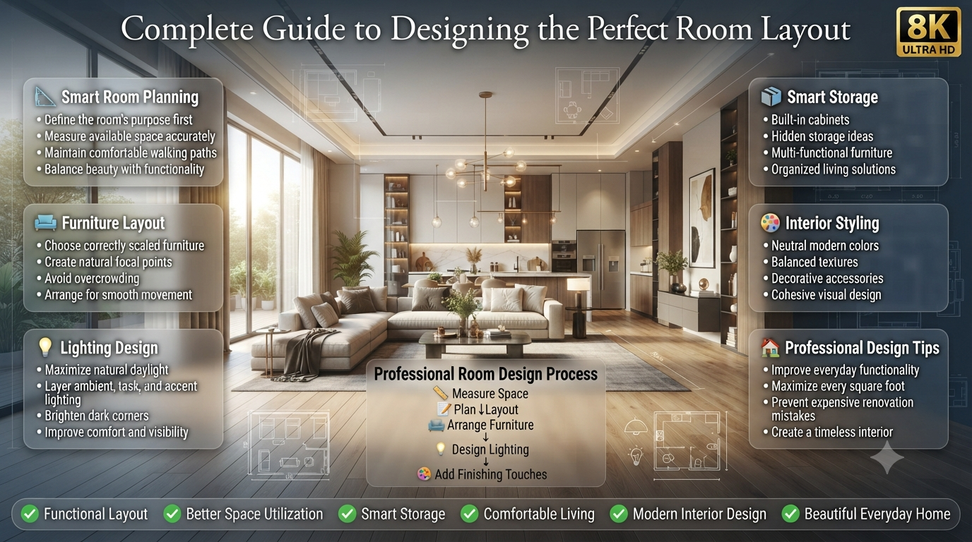 Luxury home interior infographic showing professional room planning ideas, furniture placement, lighting design, smart storage solutions, and modern home improvement strategies for creating functional and beautiful living spaces.Complete Guide to Designing the Perfect Room Layout for Modern Homes