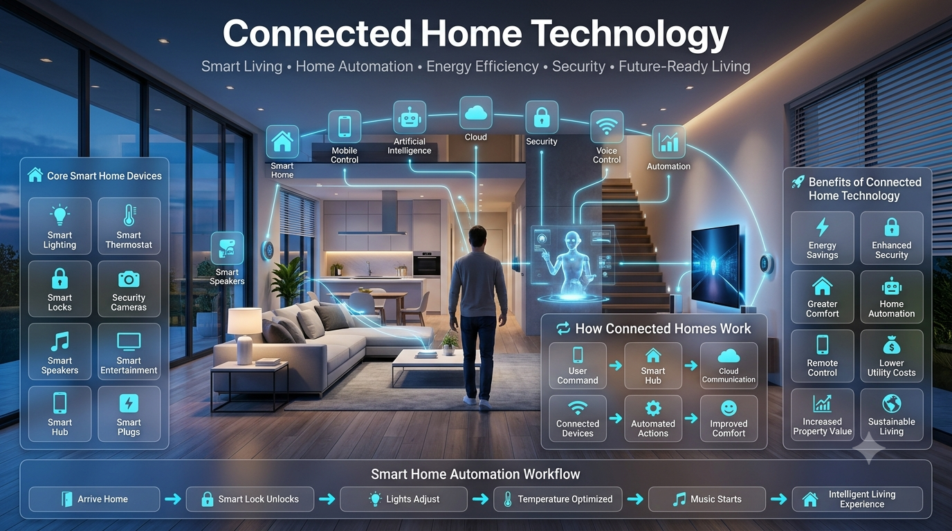 Modern connected smart home featuring automated lighting, smart thermostat, security cameras, voice assistant, smart locks, and IoT devices connected through a central home automation system.Connected Home Technology: Smart Living, Automation & Intelligent Home Guide