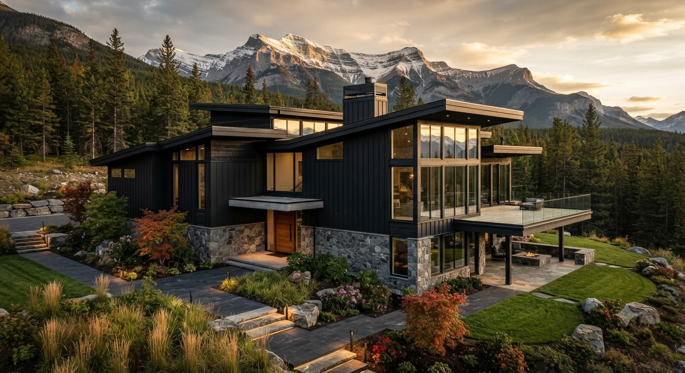 Modern black siding house featuring a sleek exterior, contemporary architecture, black cladding, large windows, landscaped front yard, and stylish curb appeal.