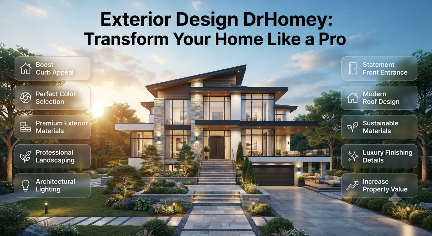 Premium DrHomey-inspired exterior design infographic featuring a luxury modern home, professional landscaping, architectural lighting, sustainable materials, and expert exterior makeover ideas.