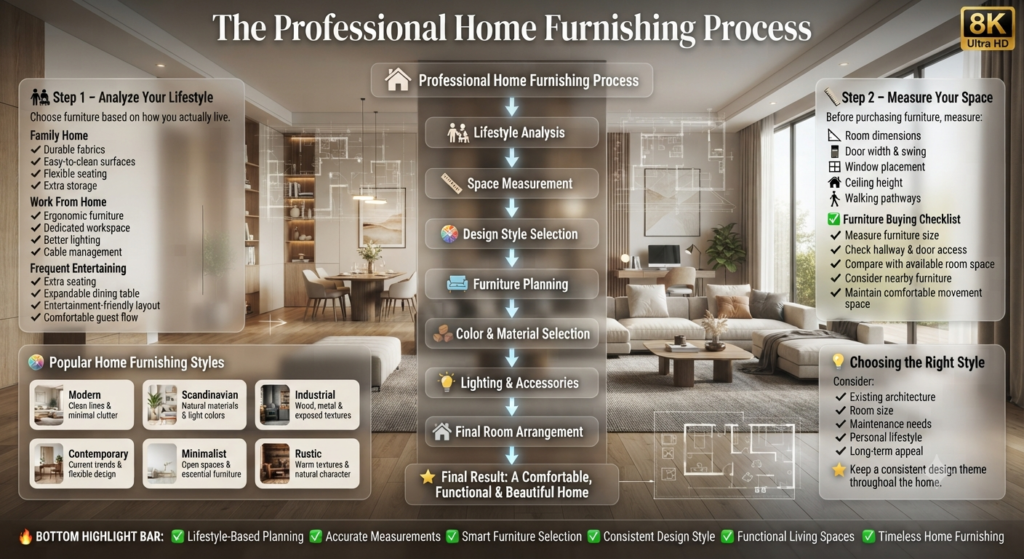 Luxury home furnishing infographic illustrating the professional home furnishing process, including lifestyle analysis, room measurements, furniture planning, design styles, color selection, lighting, and final room arrangement.The Professional Home Furnishing Process: A Step-by-Step Guide to Beautiful Living Spaces