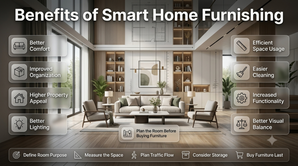 Home Furnishing Ideas: Latest Designing a Stylish, Comfortable, and Functional Home.Interior design infographic showing smart home furnishing benefits, furniture planning steps, room layouts, organization, comfort, and space optimization.