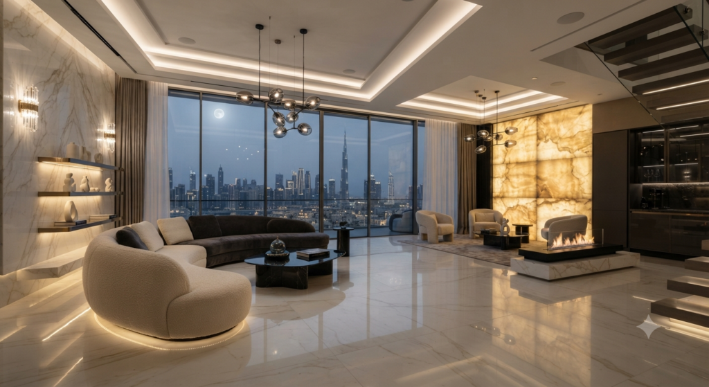 Create layers of lighting with ceiling lights, pendant lamps, table lamps, wall sconces, floor lamps, and natural light for a modern home interior.