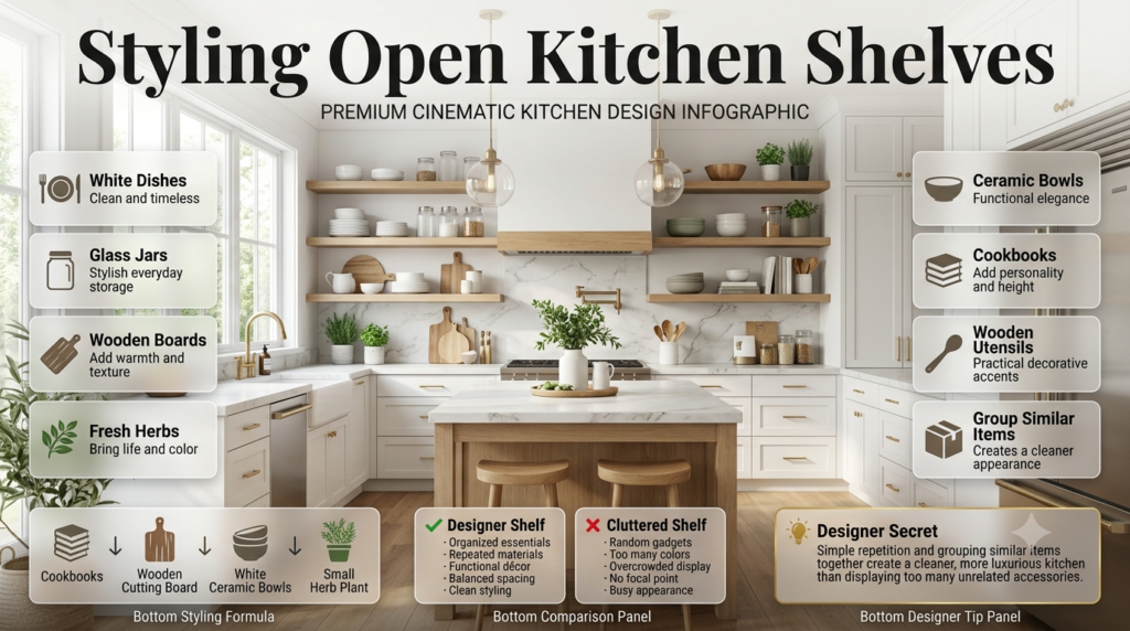 Luxury infographic showing professionally styled open kitchen shelves with white dishes, glass jars, wooden boards, herbs, ceramic bowls, and cookbooks.