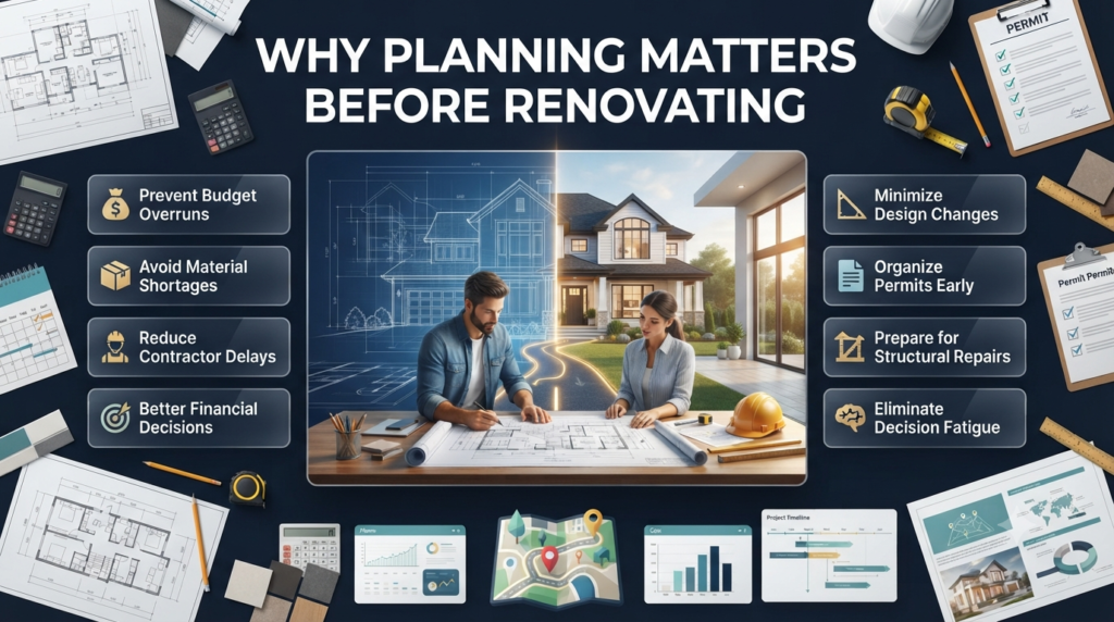 Infographic showing why renovation planning is essential, featuring budget planning, project timeline, contractor coordination, permits, and avoiding costly mistakes.